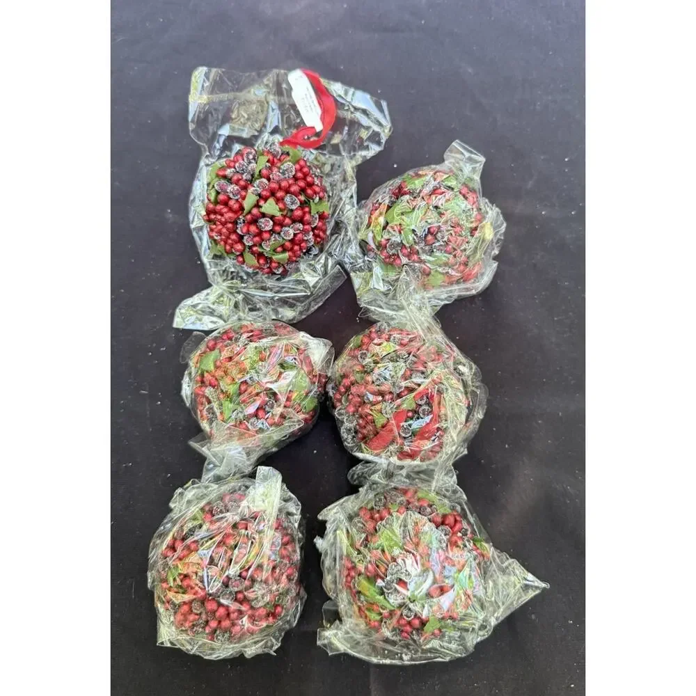 6 CRATE & BARREL Christmas Ornament Red Sugared Berry Ball New Tag 412-112 -46D